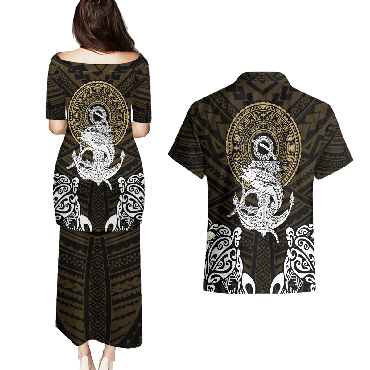 Polynesian Swordfish Couples Matching Puletasi Dress and Hawaiian Shirt with Anchor Pattern and Tribal Turtle - Wonder Print Shop