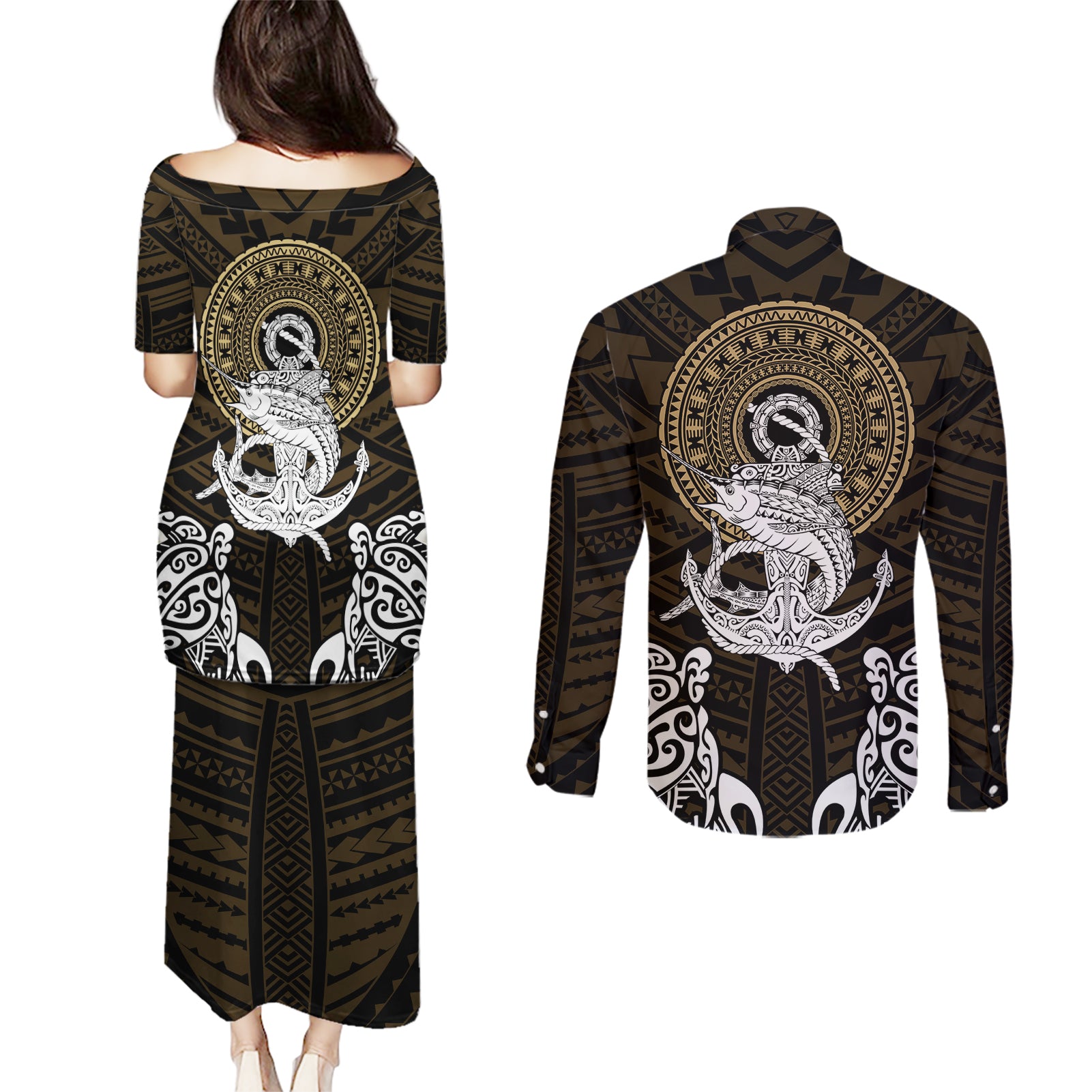 Polynesian Swordfish Couples Matching Puletasi Dress and Long Sleeve Button Shirts with Anchor Pattern and Tribal Turtle - Wonder Print Shop