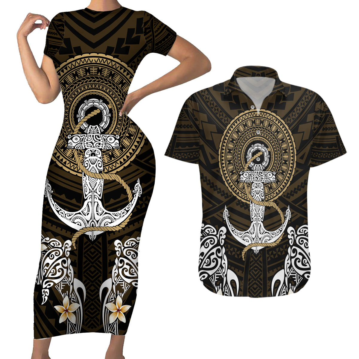 Polynesian Swordfish Couples Matching Short Sleeve Bodycon Dress and Hawaiian Shirt with Anchor Pattern and Tribal Turtle - Wonder Print Shop