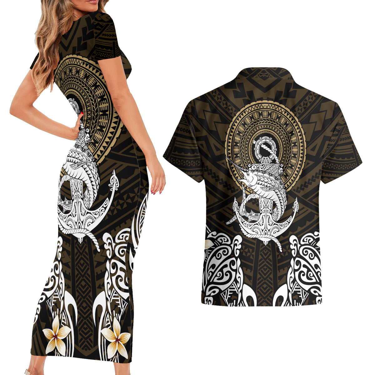 Polynesian Swordfish Couples Matching Short Sleeve Bodycon Dress and Hawaiian Shirt with Anchor Pattern and Tribal Turtle - Wonder Print Shop