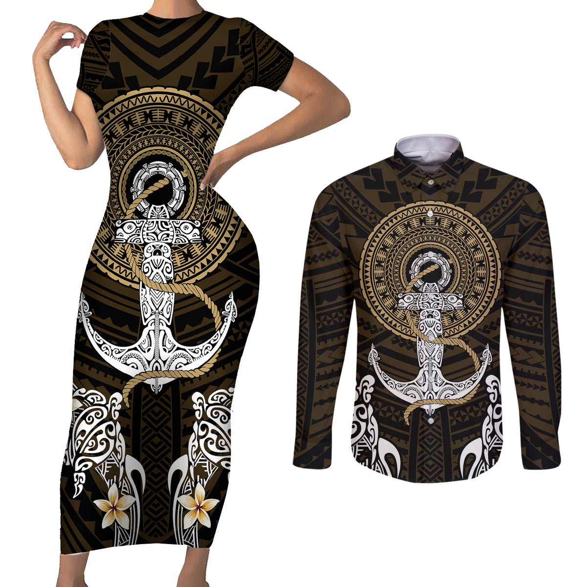 Polynesian Swordfish Couples Matching Short Sleeve Bodycon Dress and Long Sleeve Button Shirts with Anchor Pattern and Tribal Turtle - Wonder Print Shop