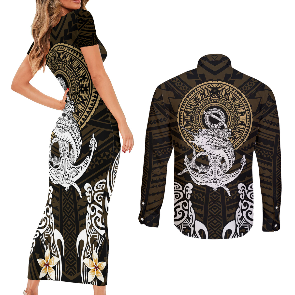 Polynesian Swordfish Couples Matching Short Sleeve Bodycon Dress and Long Sleeve Button Shirts with Anchor Pattern and Tribal Turtle - Wonder Print Shop