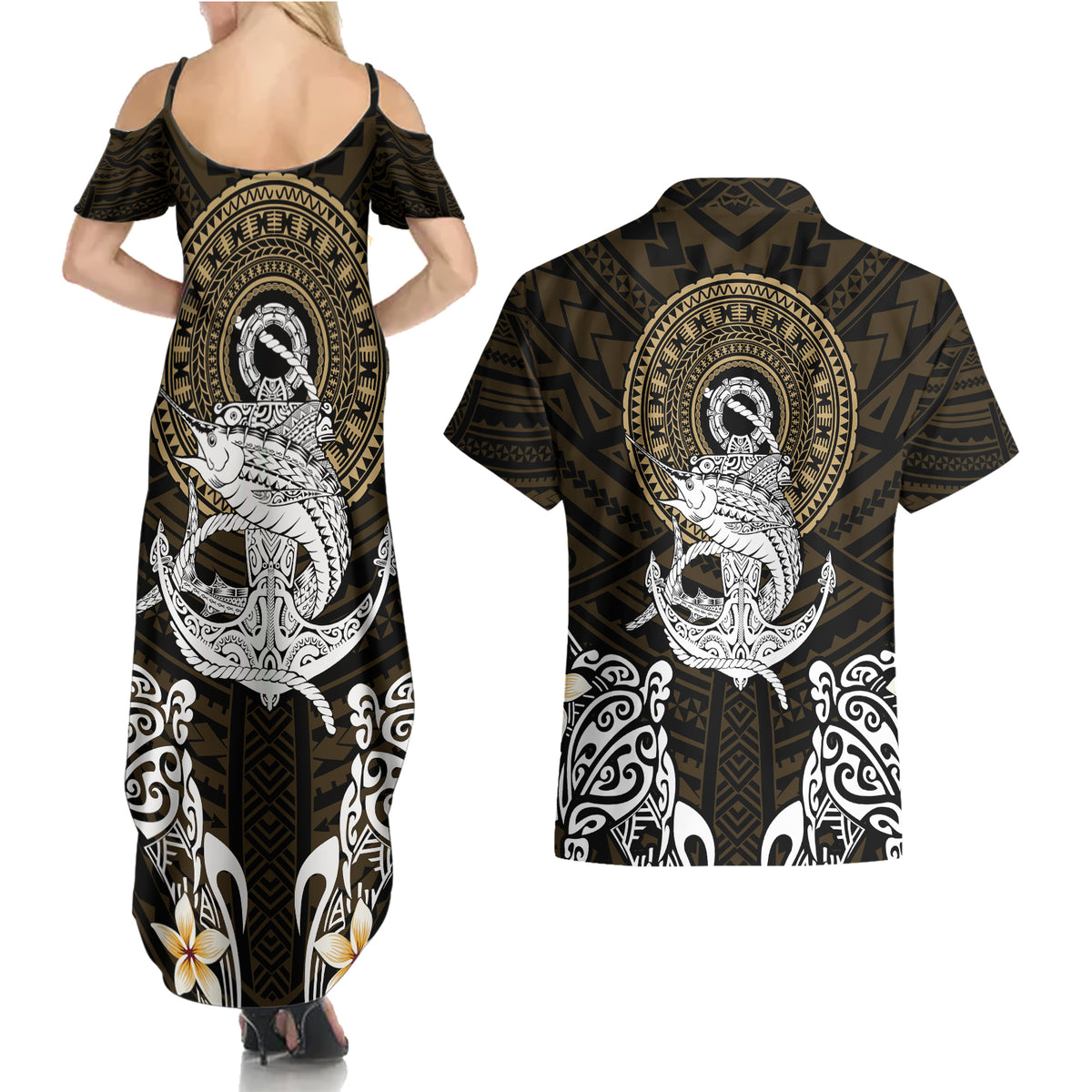 Polynesian Swordfish Couples Matching Summer Maxi Dress and Hawaiian Shirt with Anchor Pattern and Tribal Turtle - Wonder Print Shop