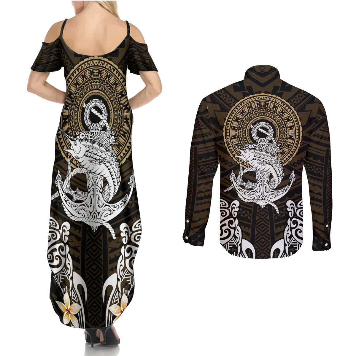Polynesian Swordfish Couples Matching Summer Maxi Dress and Long Sleeve Button Shirts with Anchor Pattern and Tribal Turtle - Wonder Print Shop