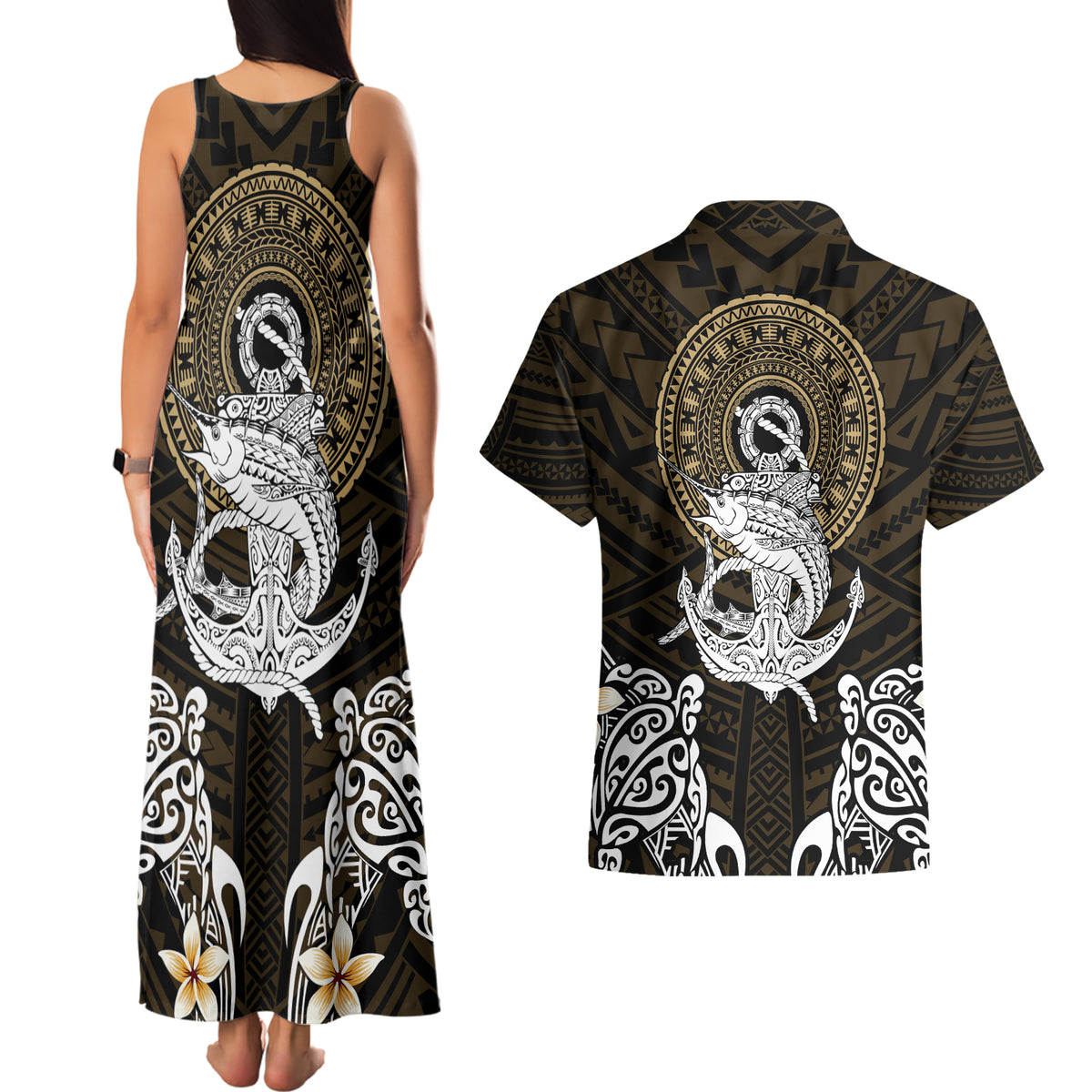 Polynesian Swordfish Couples Matching Tank Maxi Dress and Hawaiian Shirt with Anchor Pattern and Tribal Turtle - Wonder Print Shop