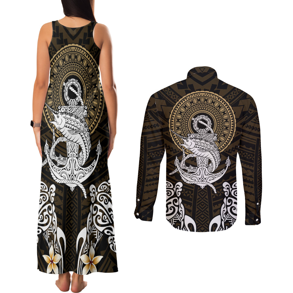 Polynesian Swordfish Couples Matching Tank Maxi Dress and Long Sleeve Button Shirts with Anchor Pattern and Tribal Turtle - Wonder Print Shop