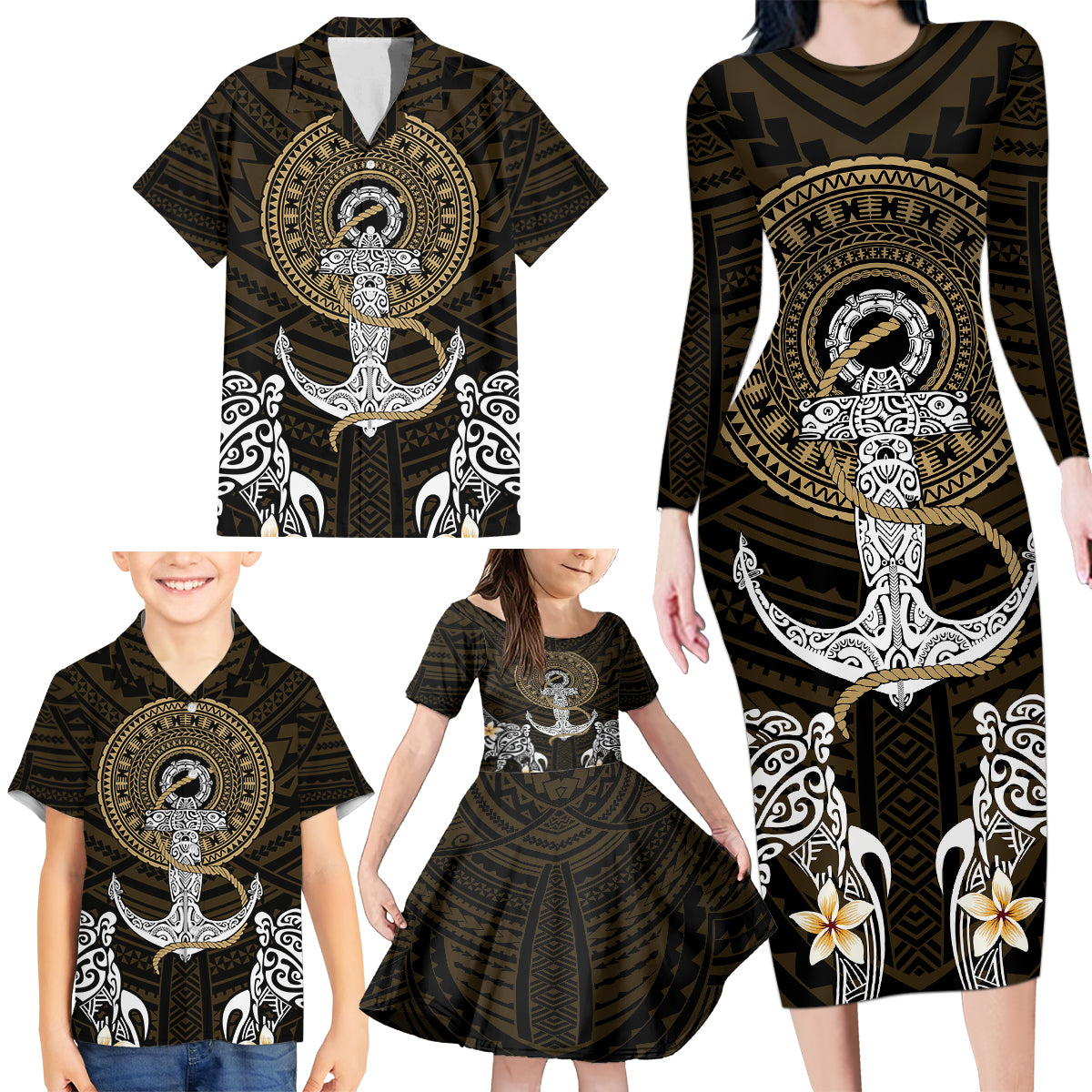 Polynesian Swordfish Family Matching Long Sleeve Bodycon Dress and Hawaiian Shirt with Anchor Pattern and Tribal Turtle - Wonder Print Shop