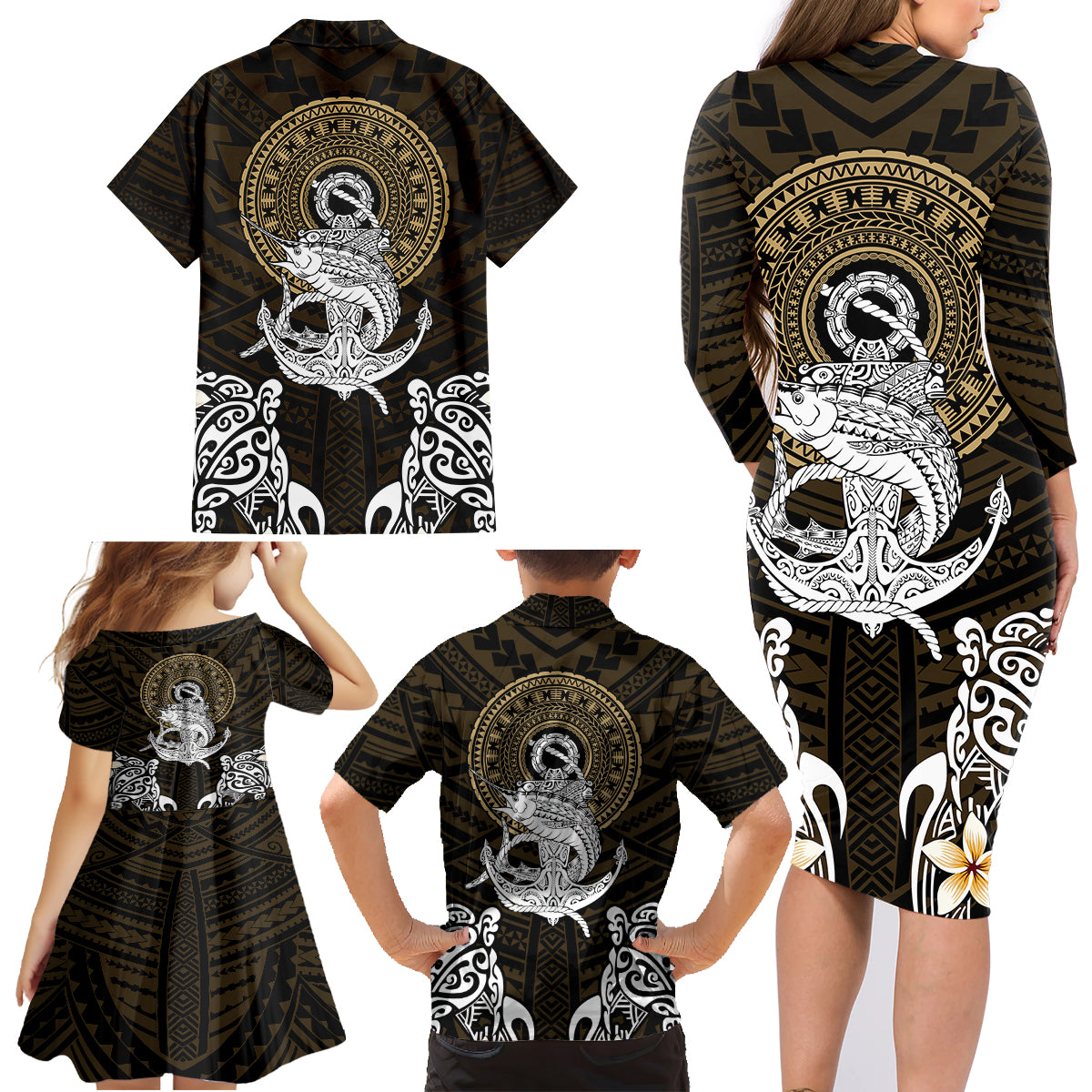Polynesian Swordfish Family Matching Long Sleeve Bodycon Dress and Hawaiian Shirt with Anchor Pattern and Tribal Turtle - Wonder Print Shop