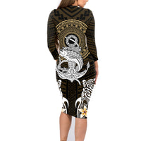 Polynesian Swordfish Family Matching Long Sleeve Bodycon Dress and Hawaiian Shirt with Anchor Pattern and Tribal Turtle - Wonder Print Shop