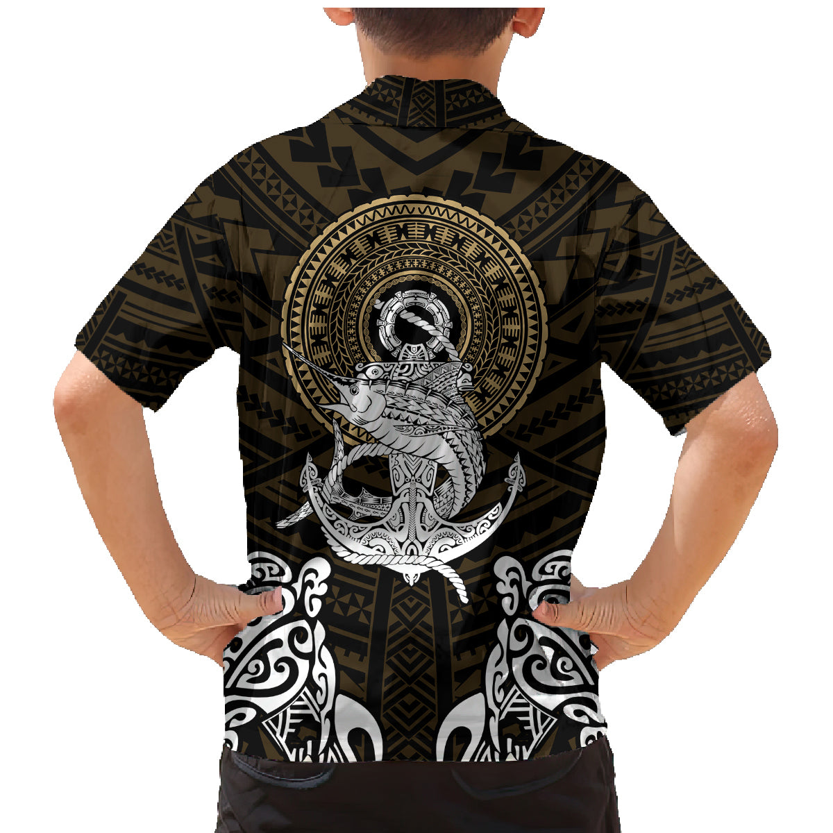 Polynesian Swordfish Family Matching Mermaid Dress and Hawaiian Shirt with Anchor Pattern and Tribal Turtle - Wonder Print Shop