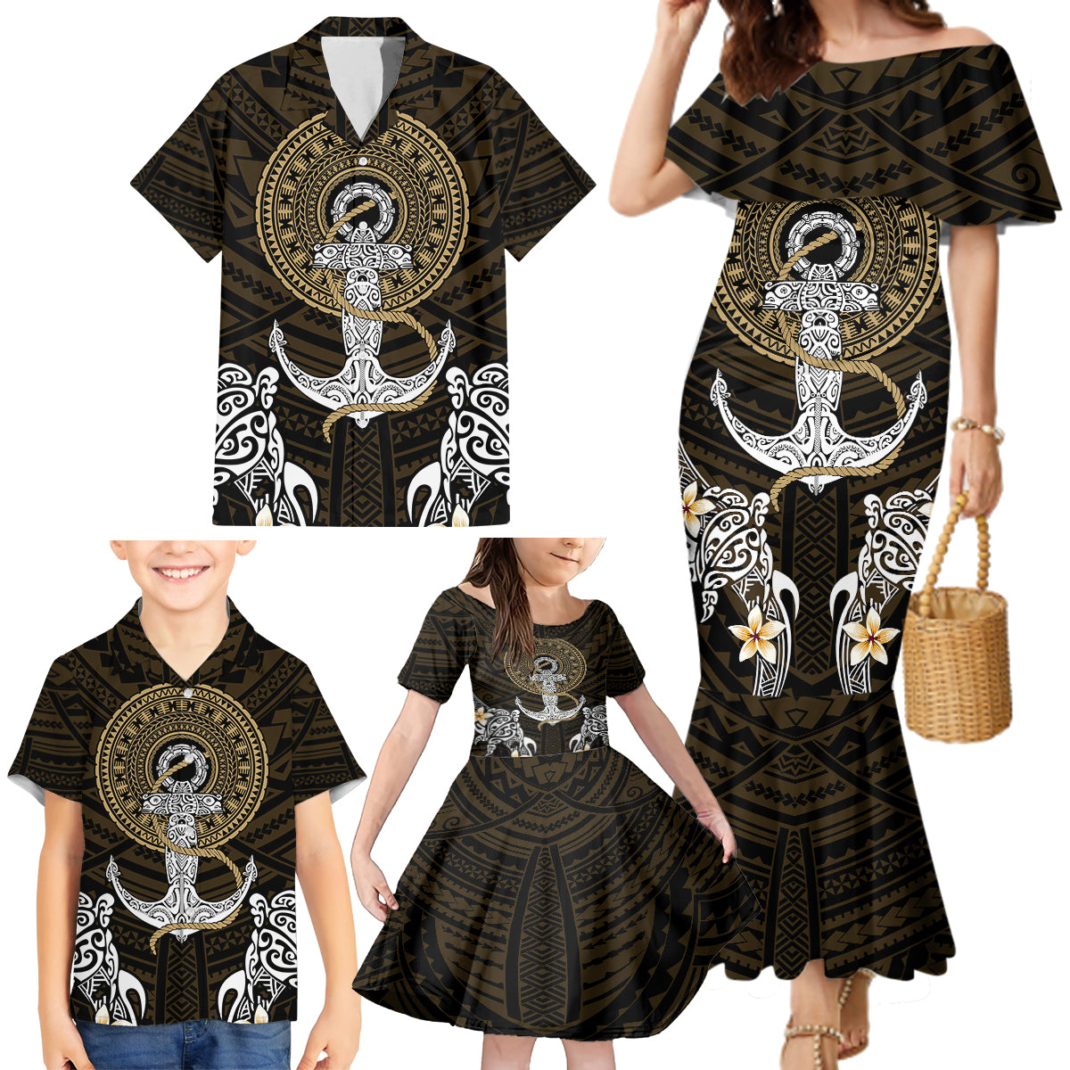Polynesian Swordfish Family Matching Mermaid Dress and Hawaiian Shirt with Anchor Pattern and Tribal Turtle - Wonder Print Shop