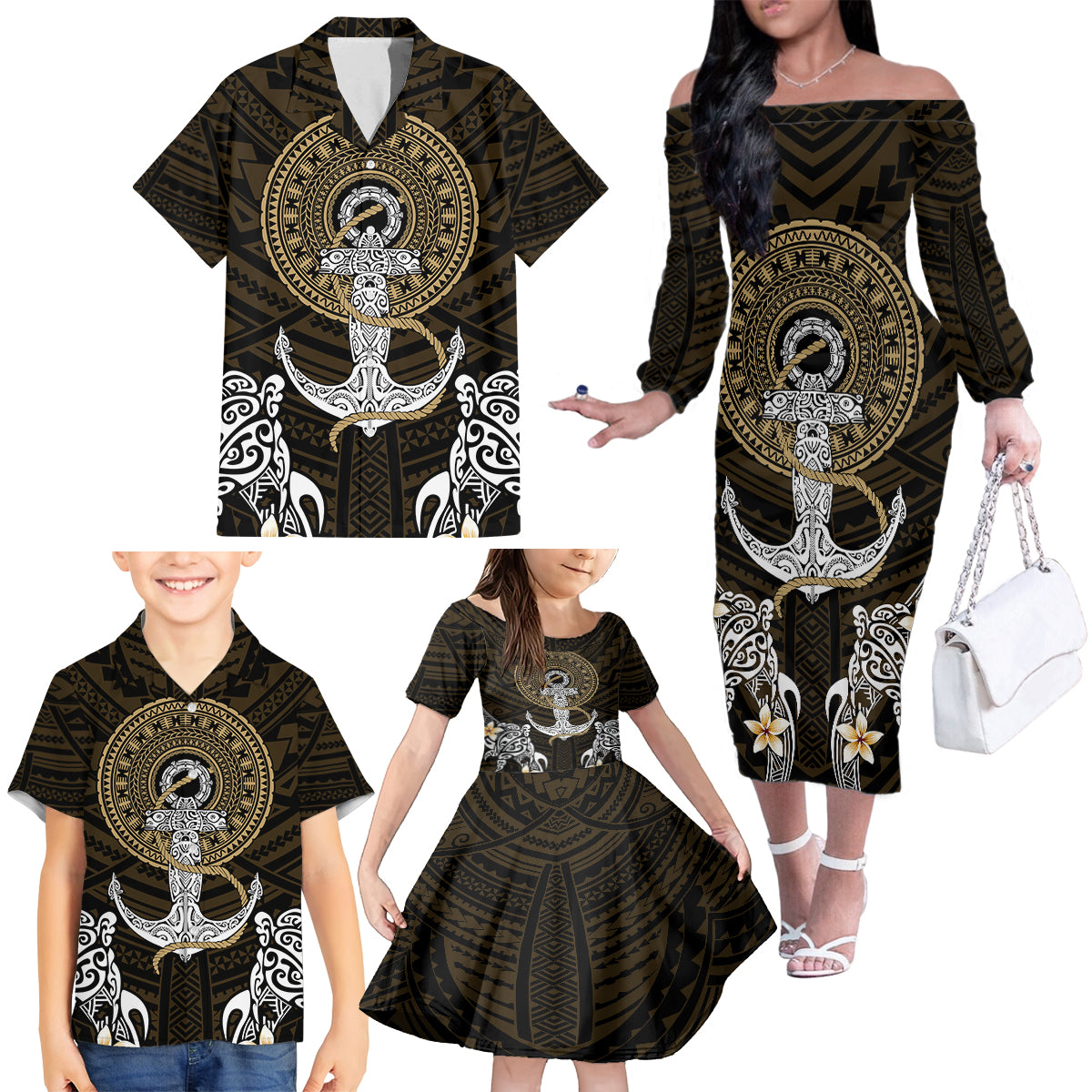 Polynesian Swordfish Family Matching Off Shoulder Long Sleeve Dress and Hawaiian Shirt with Anchor Pattern and Tribal Turtle - Wonder Print Shop