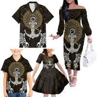 Polynesian Swordfish Family Matching Off Shoulder Long Sleeve Dress and Hawaiian Shirt with Anchor Pattern and Tribal Turtle - Wonder Print Shop