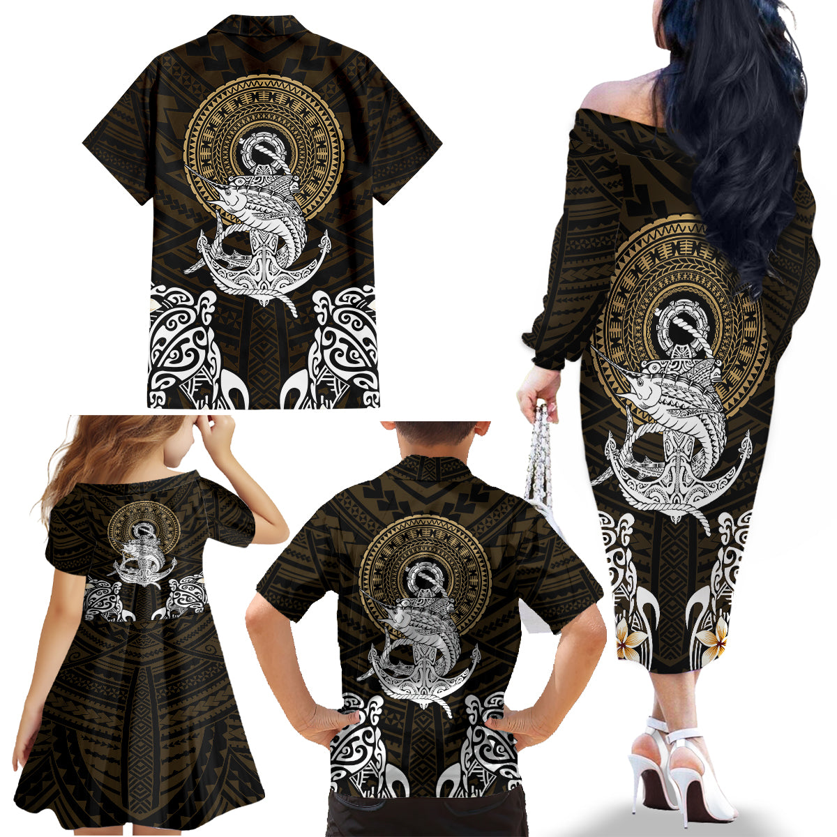 Polynesian Swordfish Family Matching Off Shoulder Long Sleeve Dress and Hawaiian Shirt with Anchor Pattern and Tribal Turtle - Wonder Print Shop
