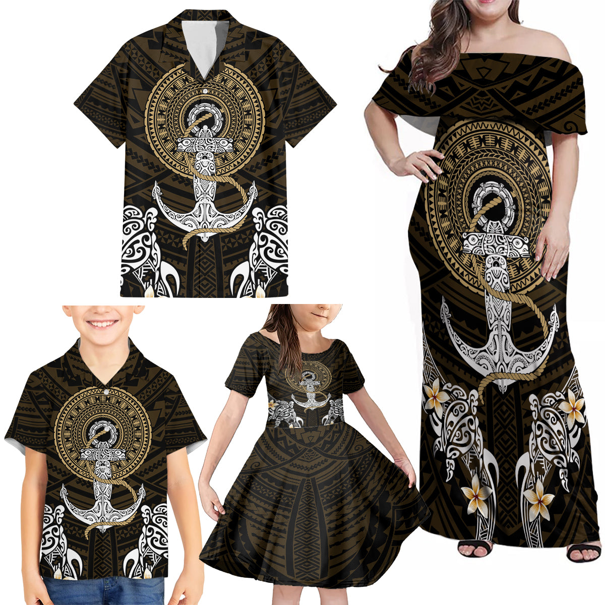 Polynesian Swordfish Family Matching Off Shoulder Maxi Dress and Hawaiian Shirt with Anchor Pattern and Tribal Turtle - Wonder Print Shop