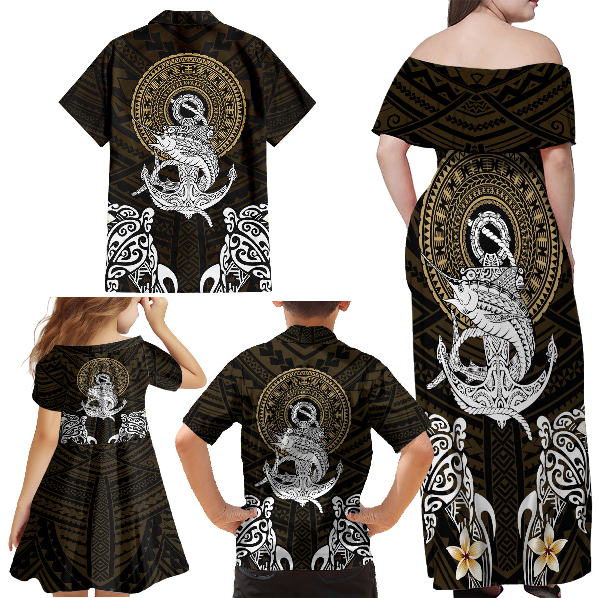 Polynesian Swordfish Family Matching Off Shoulder Maxi Dress and Hawaiian Shirt with Anchor Pattern and Tribal Turtle - Wonder Print Shop