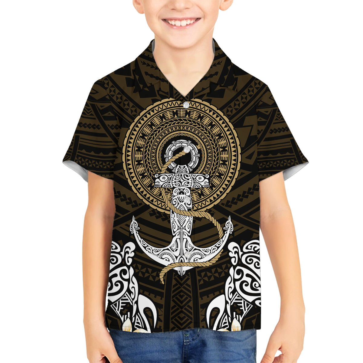 Polynesian Swordfish Family Matching Off Shoulder Maxi Dress and Hawaiian Shirt with Anchor Pattern and Tribal Turtle - Wonder Print Shop