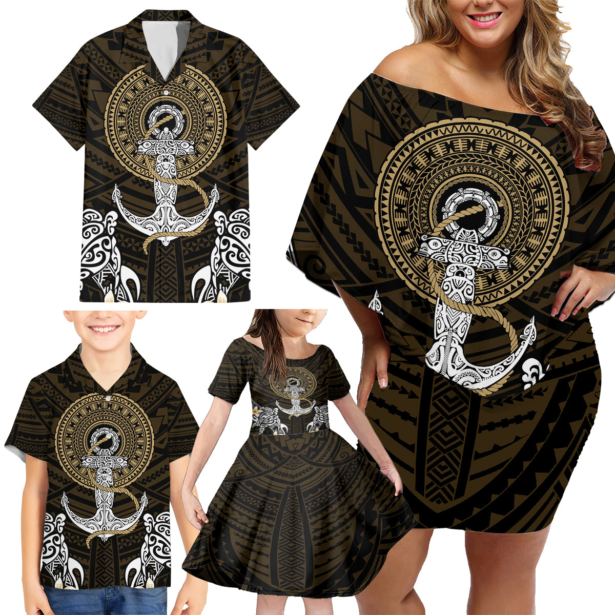 Polynesian Swordfish Family Matching Off Shoulder Short Dress and Hawaiian Shirt with Anchor Pattern and Tribal Turtle - Wonder Print Shop