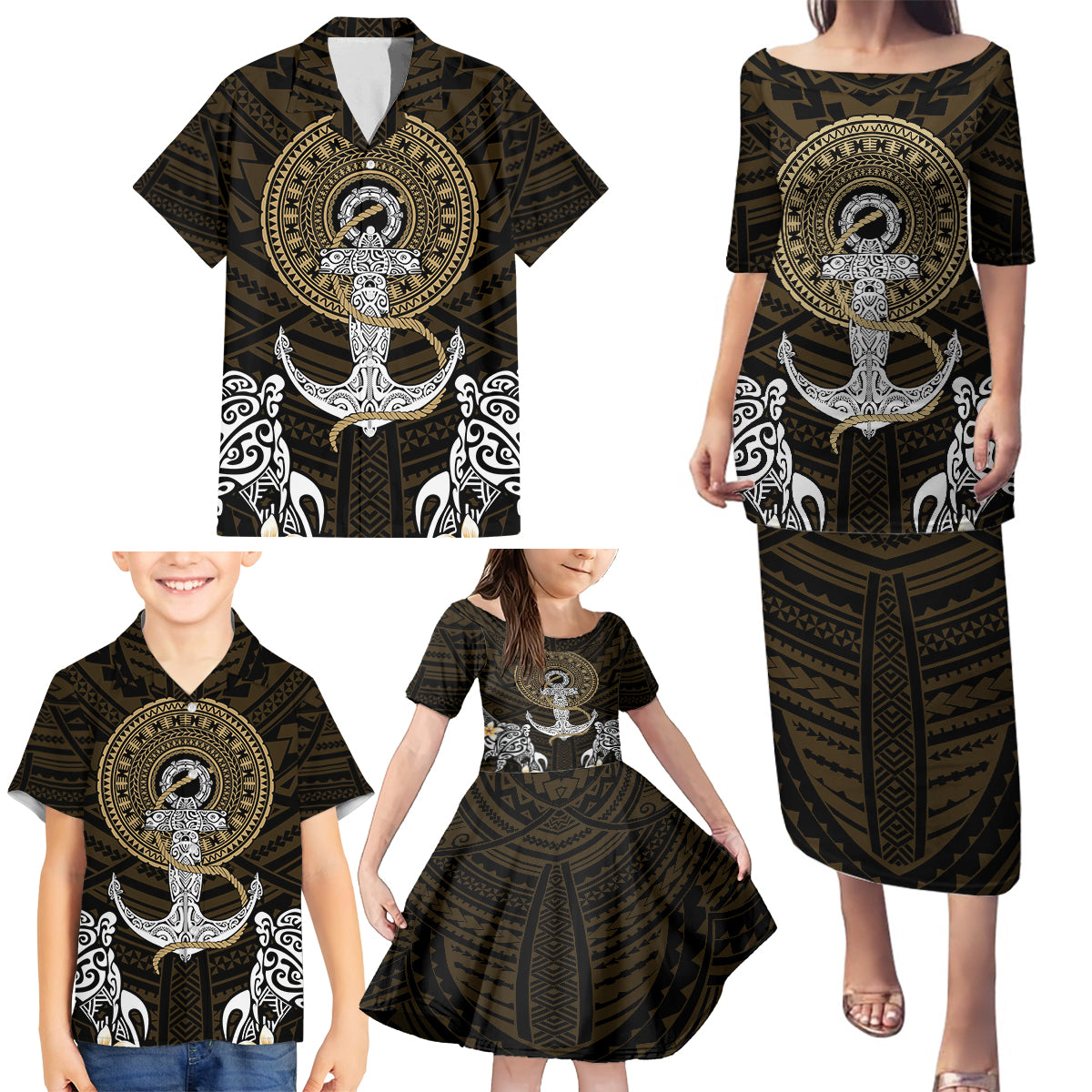 Polynesian Swordfish Family Matching Puletasi Dress and Hawaiian Shirt with Anchor Pattern and Tribal Turtle - Wonder Print Shop