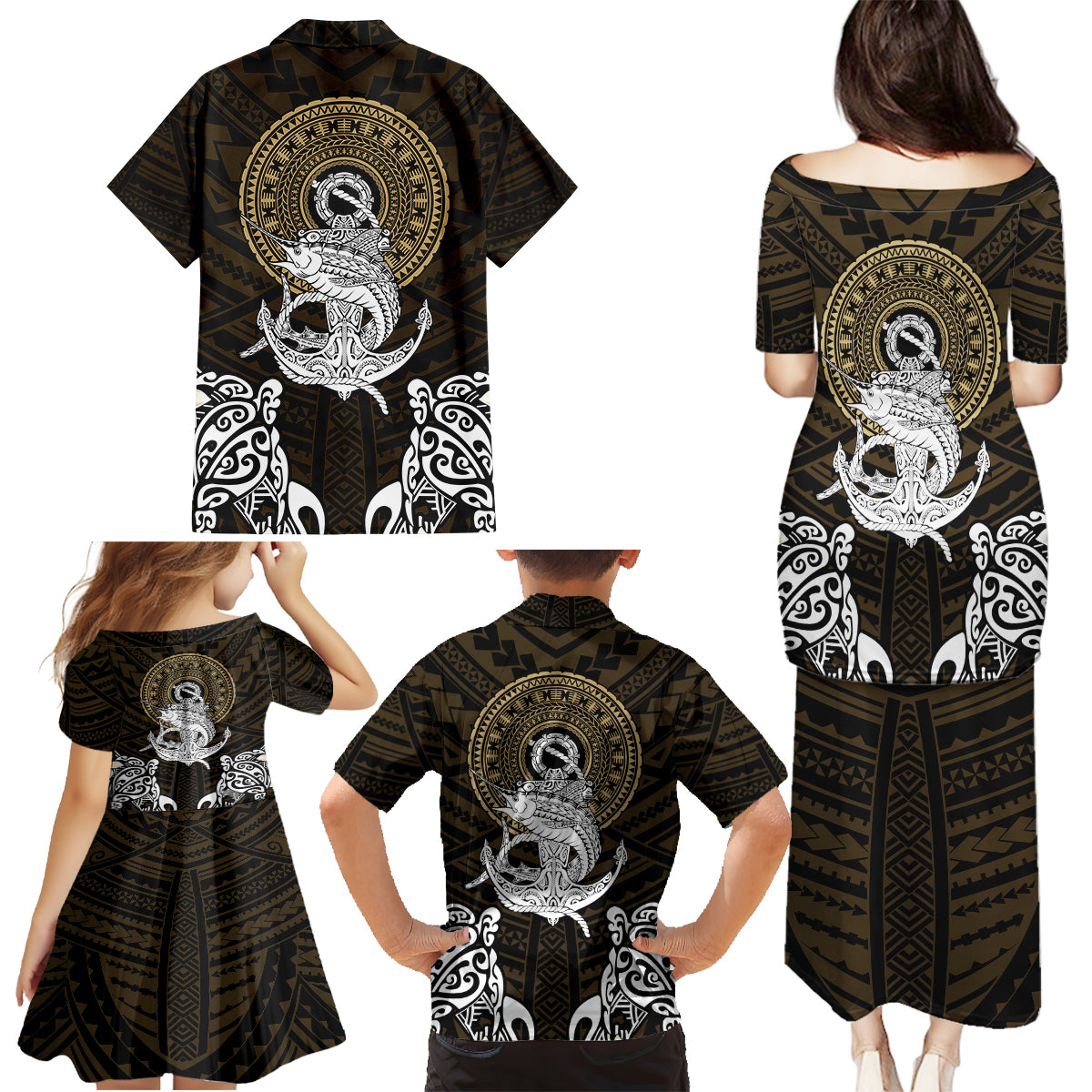 Polynesian Swordfish Family Matching Puletasi Dress and Hawaiian Shirt with Anchor Pattern and Tribal Turtle - Wonder Print Shop