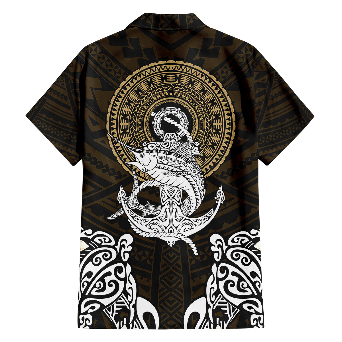 Polynesian Swordfish Family Matching Puletasi Dress and Hawaiian Shirt with Anchor Pattern and Tribal Turtle - Wonder Print Shop