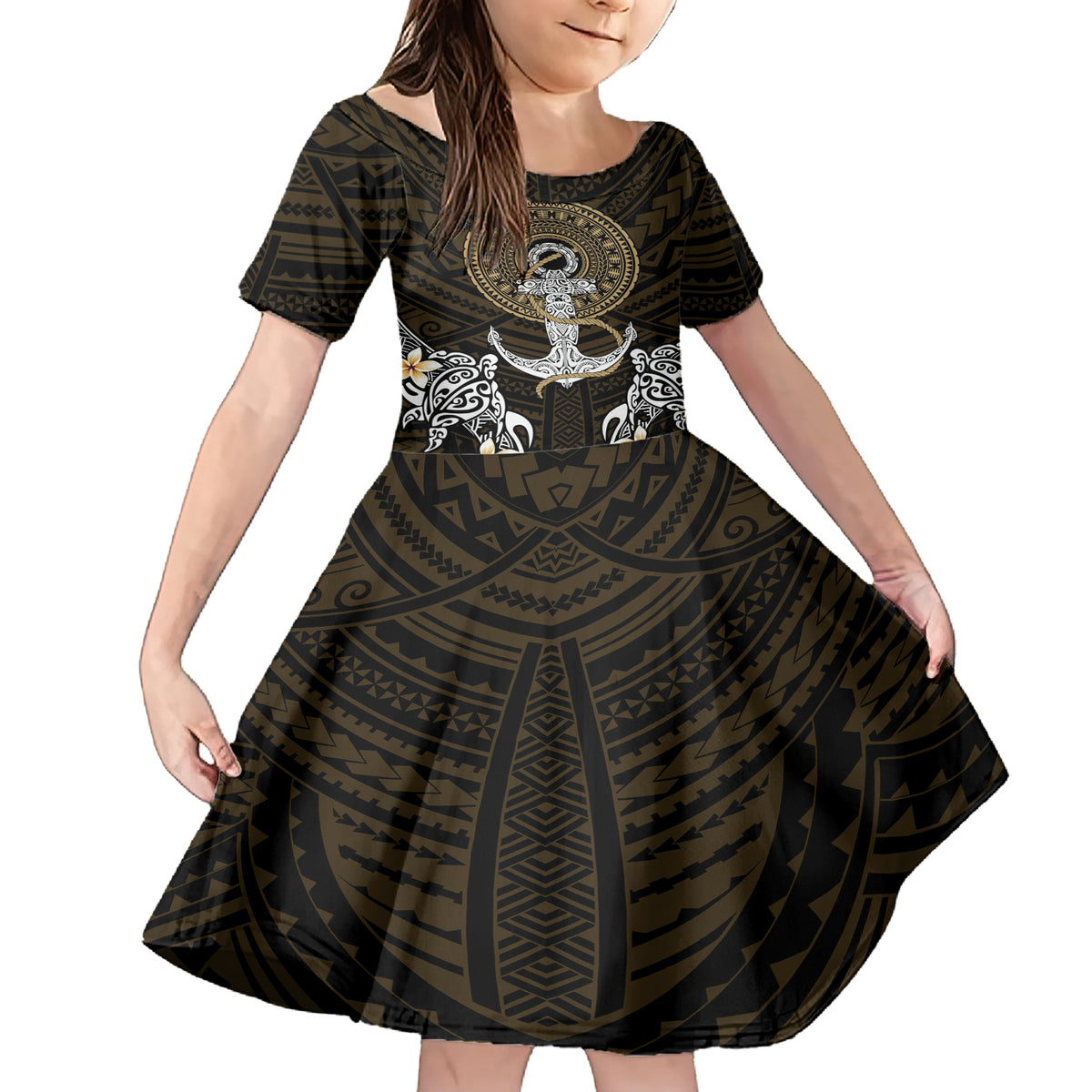 Polynesian Swordfish Family Matching Short Sleeve Bodycon Dress and Hawaiian Shirt with Anchor Pattern and Tribal Turtle - Wonder Print Shop