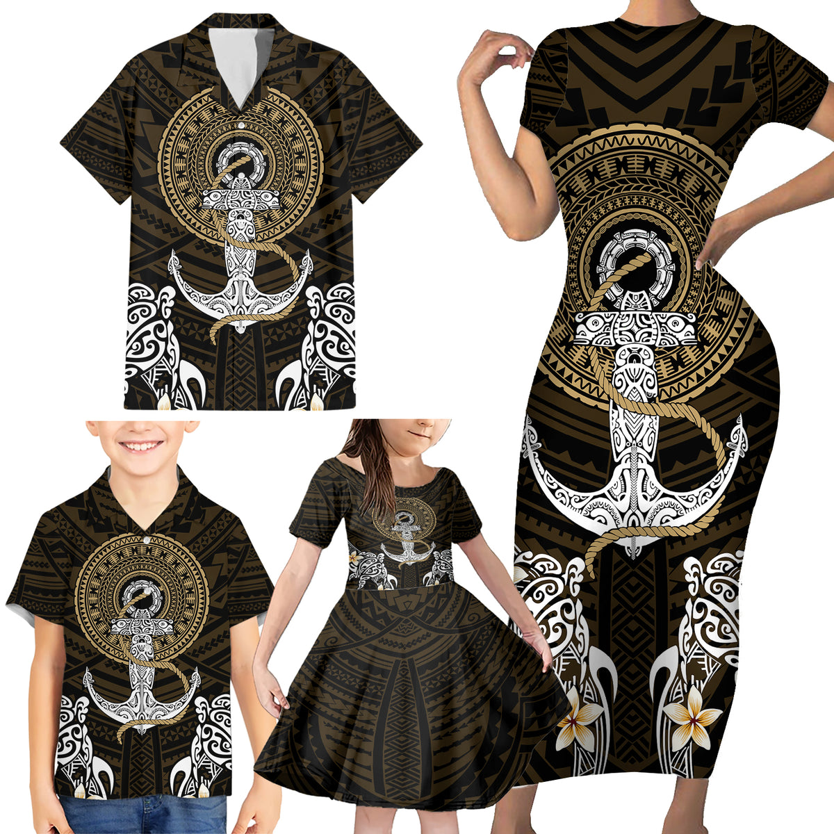 Polynesian Swordfish Family Matching Short Sleeve Bodycon Dress and Hawaiian Shirt with Anchor Pattern and Tribal Turtle - Wonder Print Shop