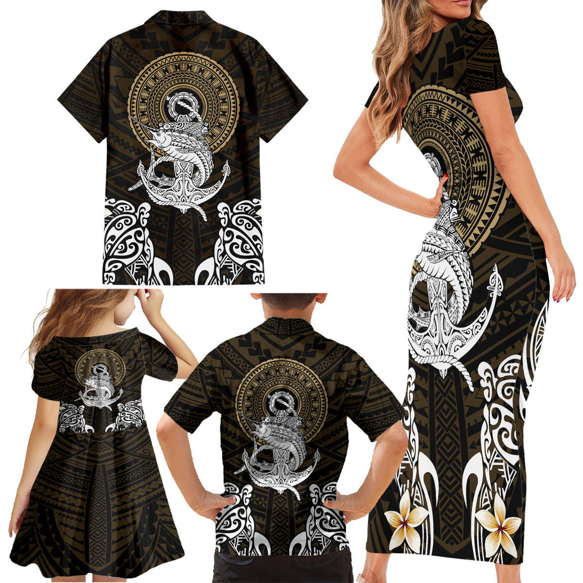 Polynesian Swordfish Family Matching Short Sleeve Bodycon Dress and Hawaiian Shirt with Anchor Pattern and Tribal Turtle - Wonder Print Shop