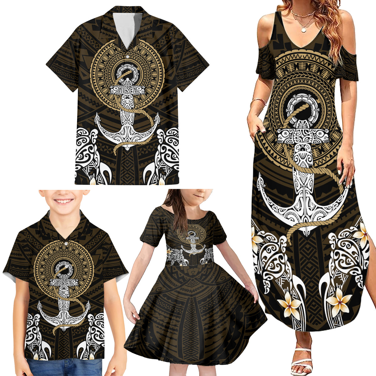 Polynesian Swordfish Family Matching Summer Maxi Dress and Hawaiian Shirt with Anchor Pattern and Tribal Turtle - Wonder Print Shop