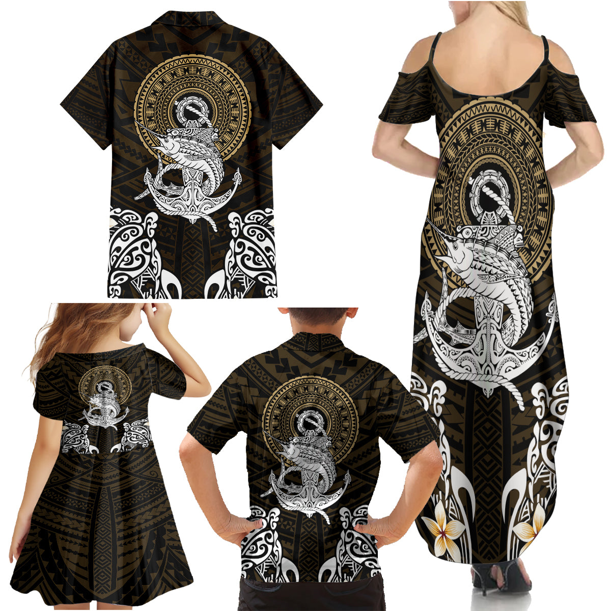 Polynesian Swordfish Family Matching Summer Maxi Dress and Hawaiian Shirt with Anchor Pattern and Tribal Turtle - Wonder Print Shop