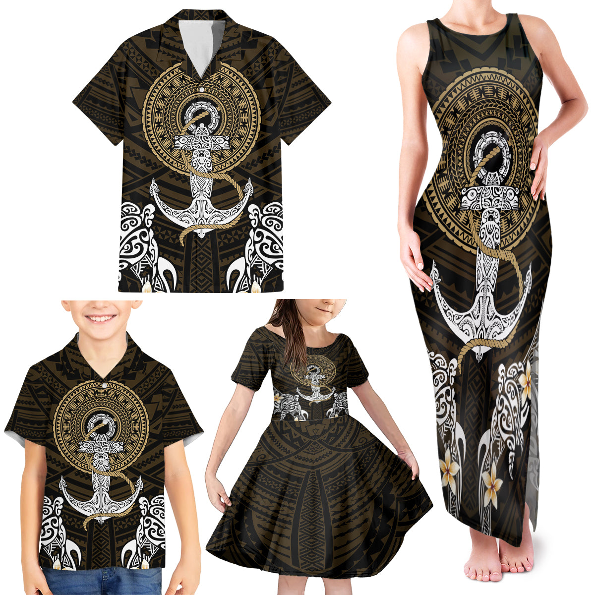 Polynesian Swordfish Family Matching Tank Maxi Dress and Hawaiian Shirt with Anchor Pattern and Tribal Turtle - Wonder Print Shop