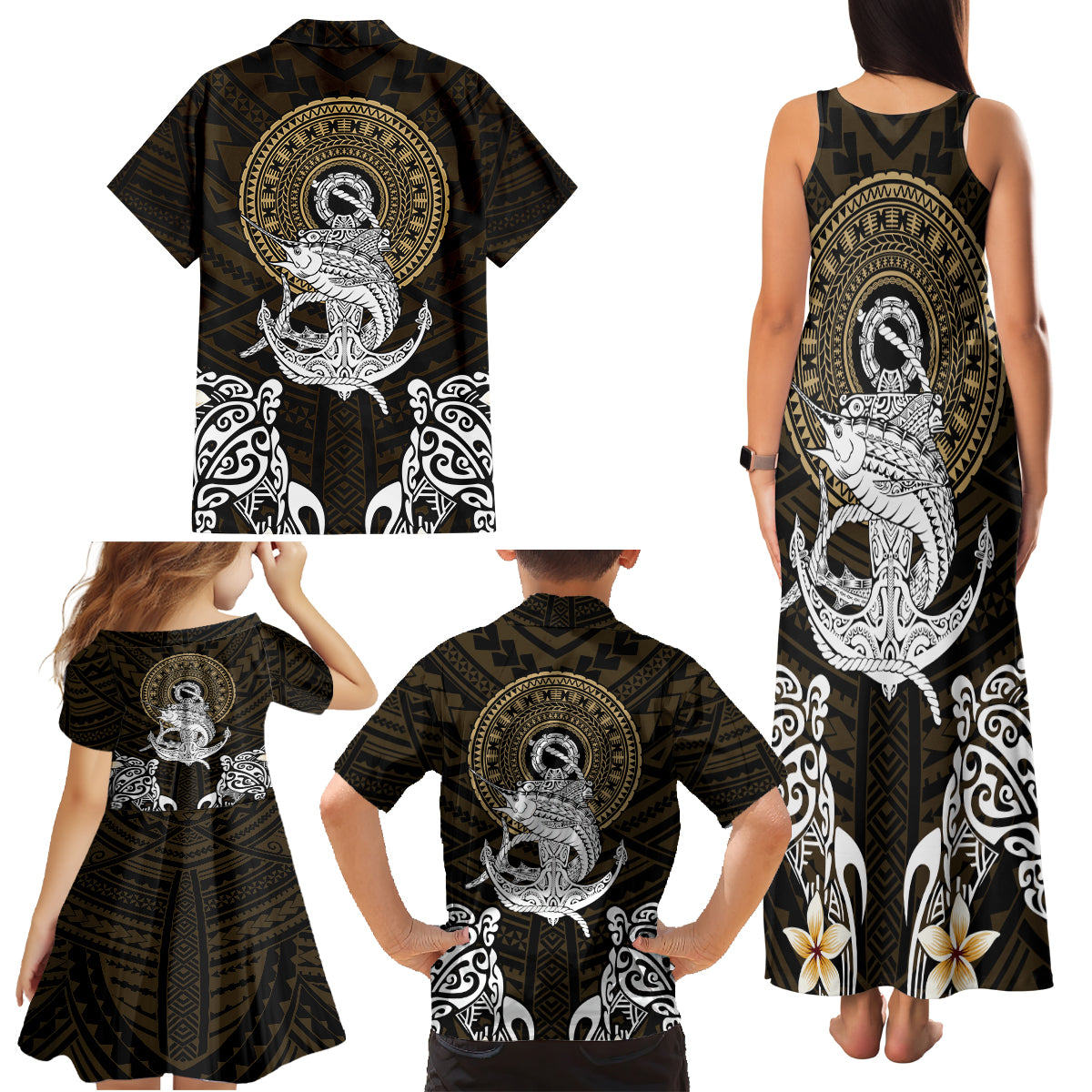 Polynesian Swordfish Family Matching Tank Maxi Dress and Hawaiian Shirt with Anchor Pattern and Tribal Turtle - Wonder Print Shop