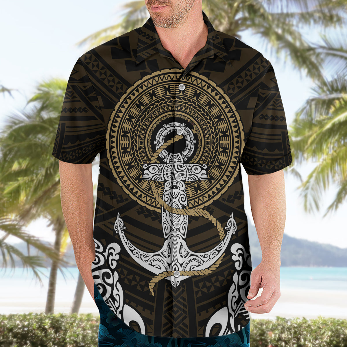 Polynesian Swordfish Hawaiian Shirt with Anchor Pattern and Tribal Turtle - Wonder Print Shop