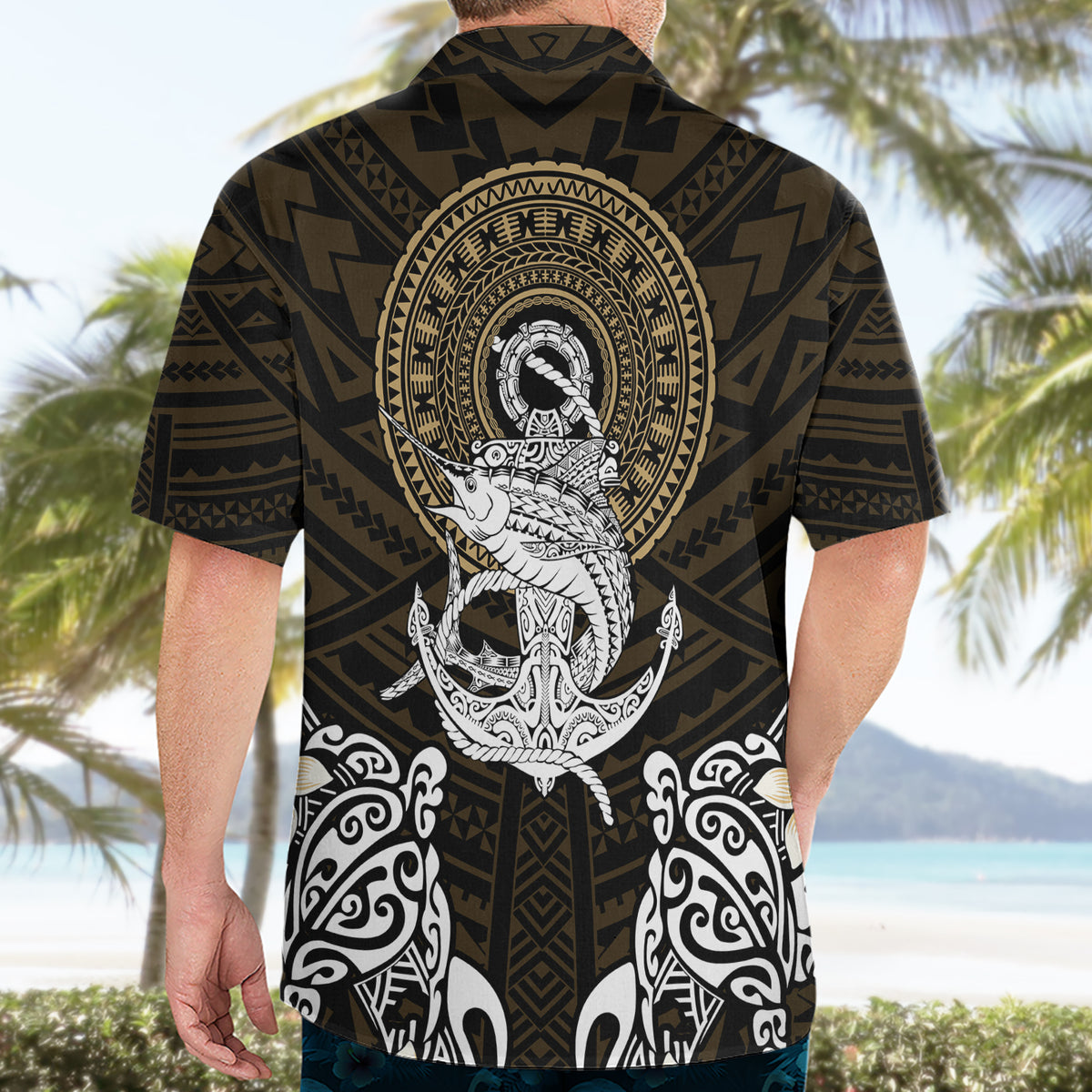 Polynesian Swordfish Hawaiian Shirt with Anchor Pattern and Tribal Turtle - Wonder Print Shop