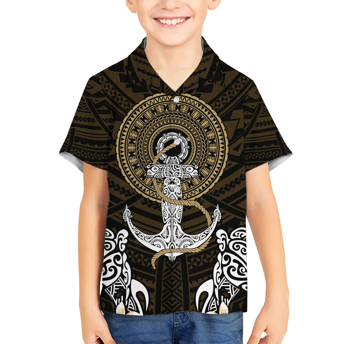 Polynesian Swordfish Hawaiian Shirt with Anchor Pattern and Tribal Turtle - Wonder Print Shop