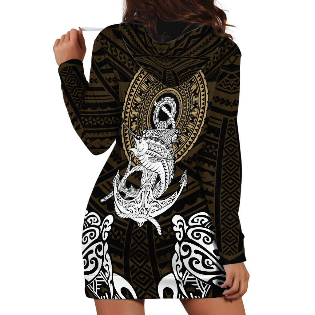 Polynesian Swordfish Hoodie Dress with Anchor Pattern and Tribal Turtle - Wonder Print Shop