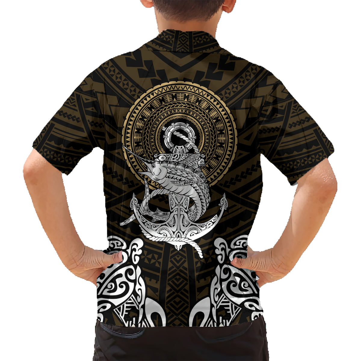 Polynesian Swordfish Kid Hawaiian Shirt with Anchor Pattern and Tribal Turtle - Wonder Print Shop