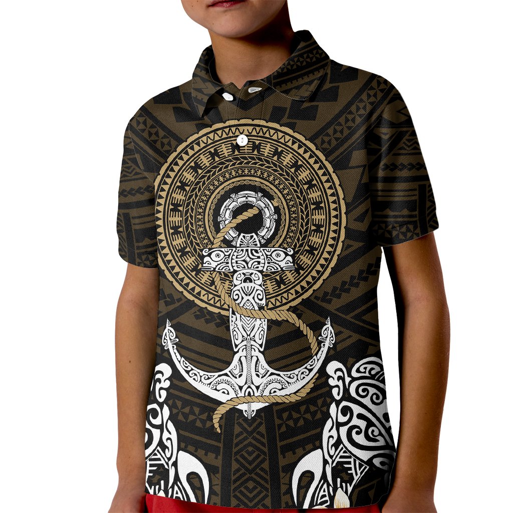 Polynesian Swordfish Kid Polo Shirt with Anchor Pattern and Tribal Turtle - Wonder Print Shop
