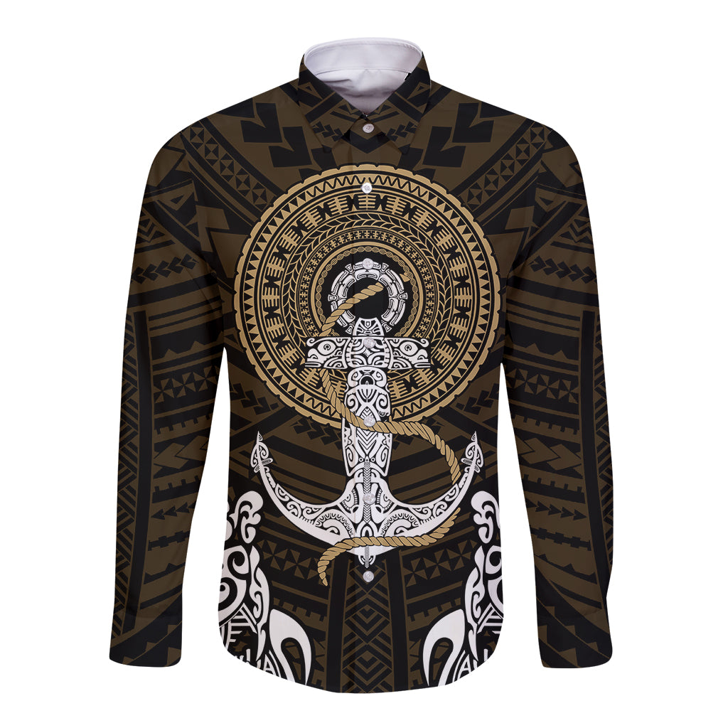 Polynesian Swordfish Long Sleeve Button Shirt with Anchor Pattern and Tribal Turtle - Wonder Print Shop