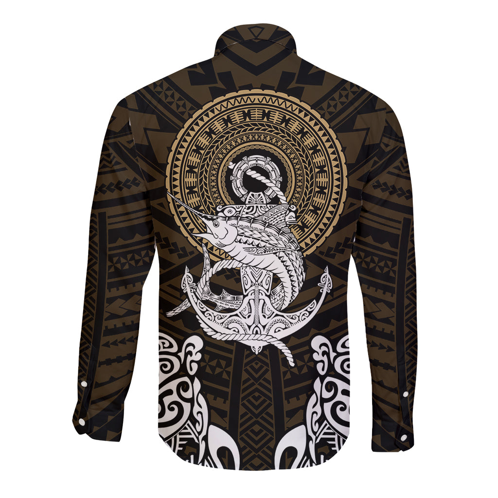 Polynesian Swordfish Long Sleeve Button Shirt with Anchor Pattern and Tribal Turtle - Wonder Print Shop