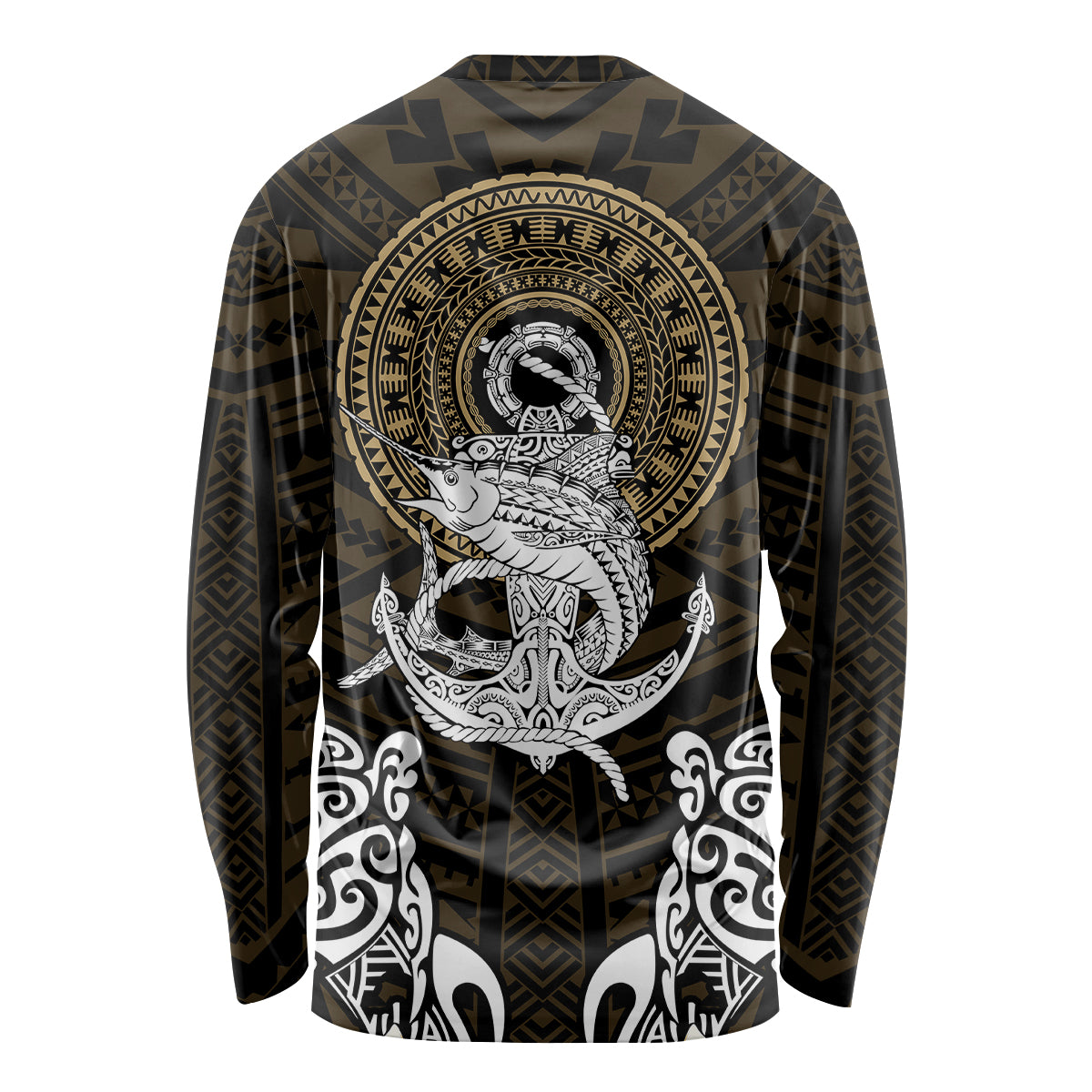 Polynesian Swordfish Long Sleeve Shirt with Anchor Pattern and Tribal Turtle - Wonder Print Shop