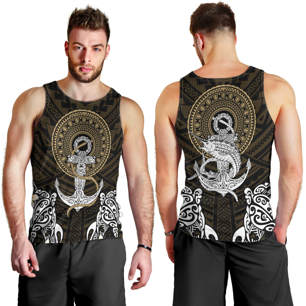 Polynesian Swordfish Men Tank Top with Anchor Pattern and Tribal Turtle - Wonder Print Shop