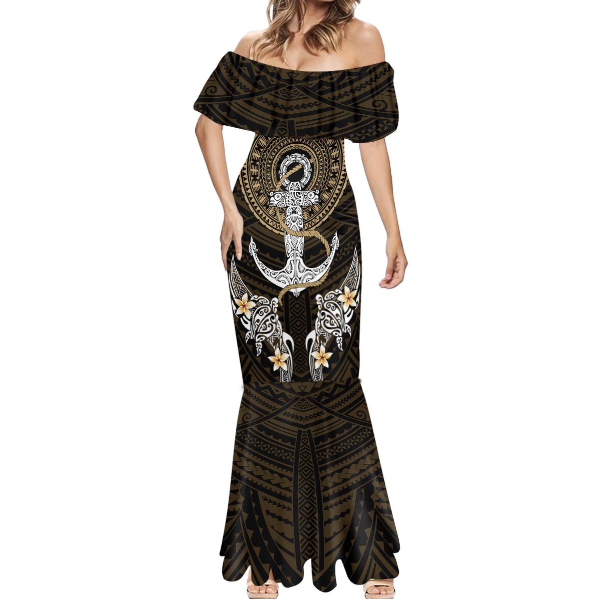 Polynesian Swordfish Mermaid Dress with Anchor Pattern and Tribal Turtle - Wonder Print Shop