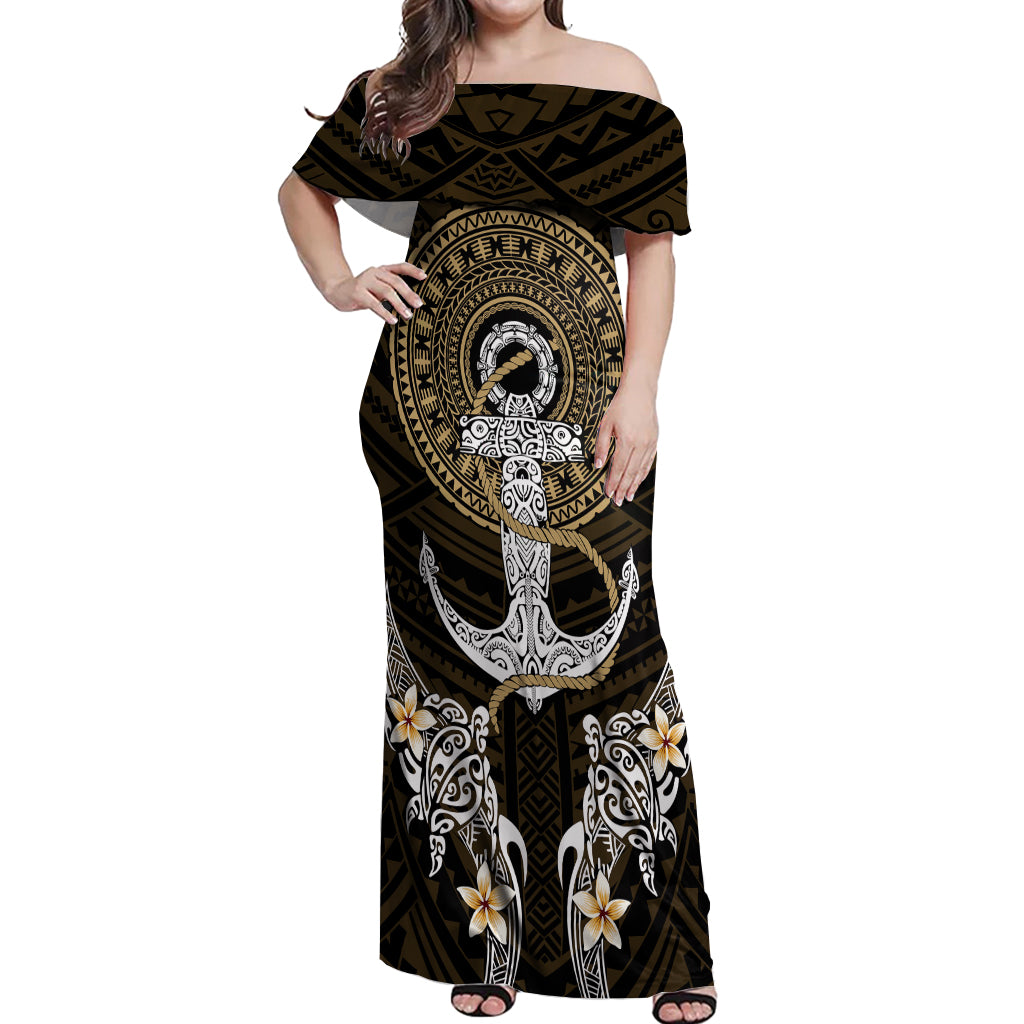 Polynesian Swordfish Off Shoulder Maxi Dress with Anchor Pattern and Tribal Turtle - Wonder Print Shop