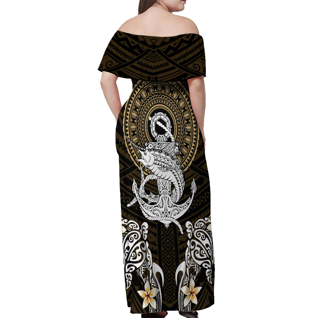 Polynesian Swordfish Off Shoulder Maxi Dress with Anchor Pattern and Tribal Turtle - Wonder Print Shop