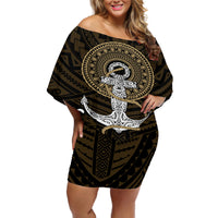 Polynesian Swordfish Off Shoulder Short Dress with Anchor Pattern and Tribal Turtle - Wonder Print Shop