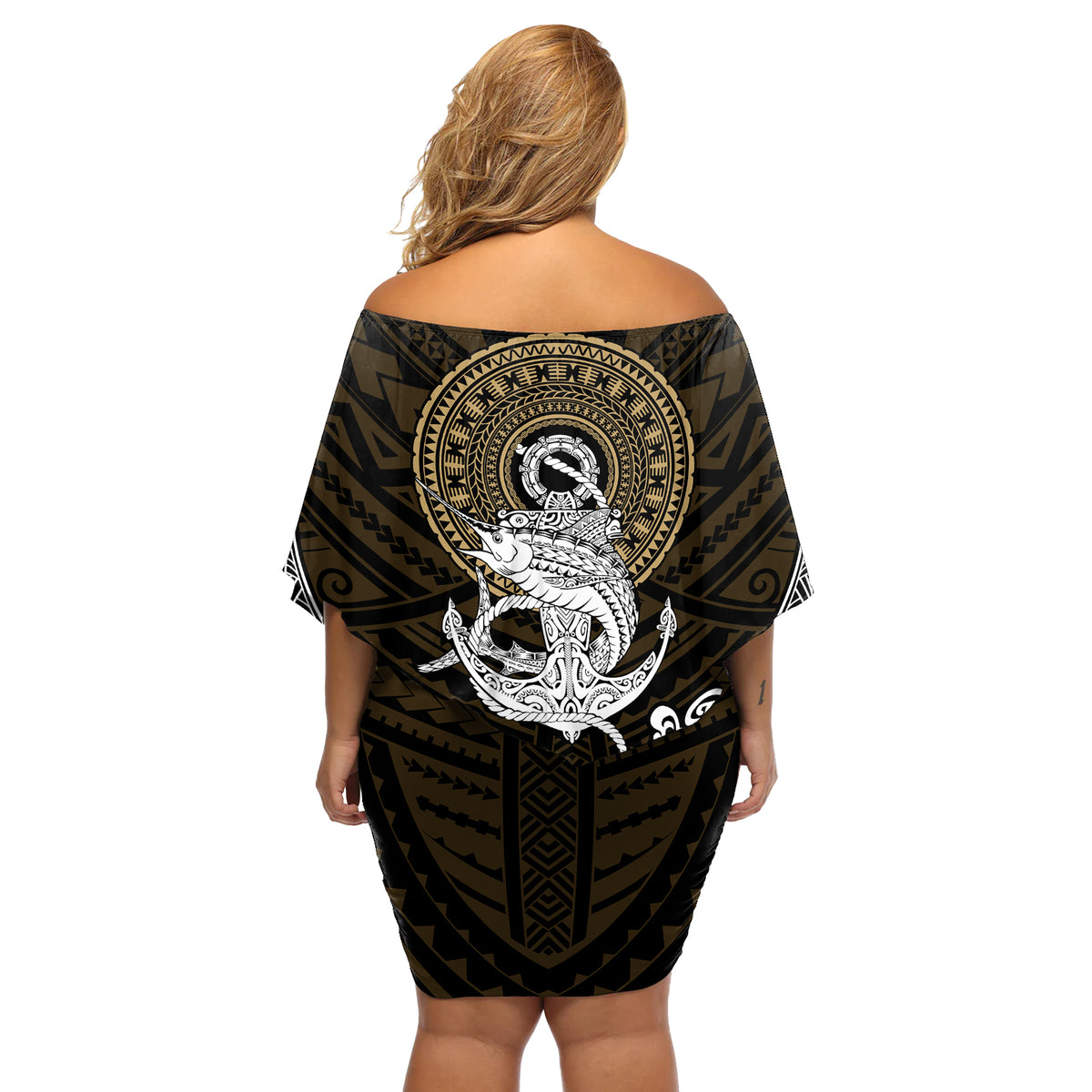 Polynesian Swordfish Off Shoulder Short Dress with Anchor Pattern and Tribal Turtle - Wonder Print Shop