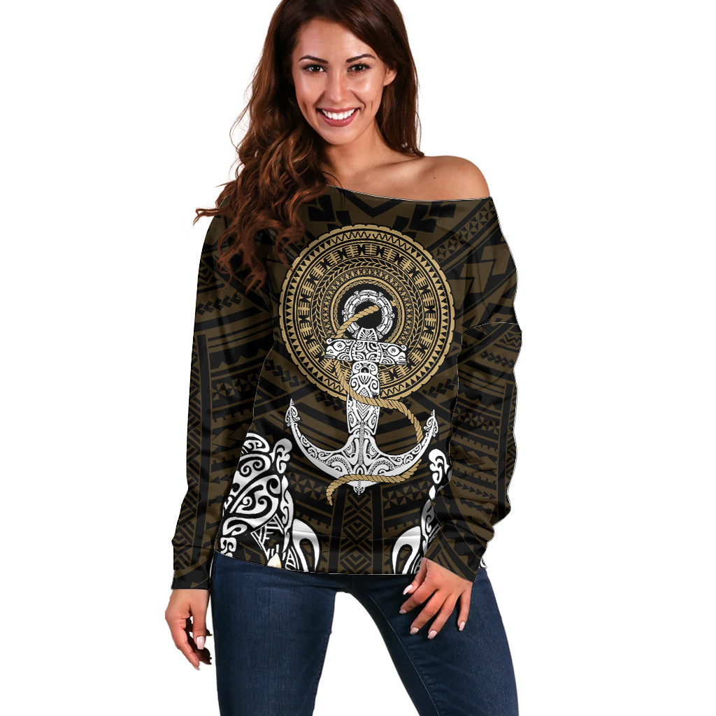 Polynesian Swordfish Off Shoulder Sweater with Anchor Pattern and Tribal Turtle - Wonder Print Shop