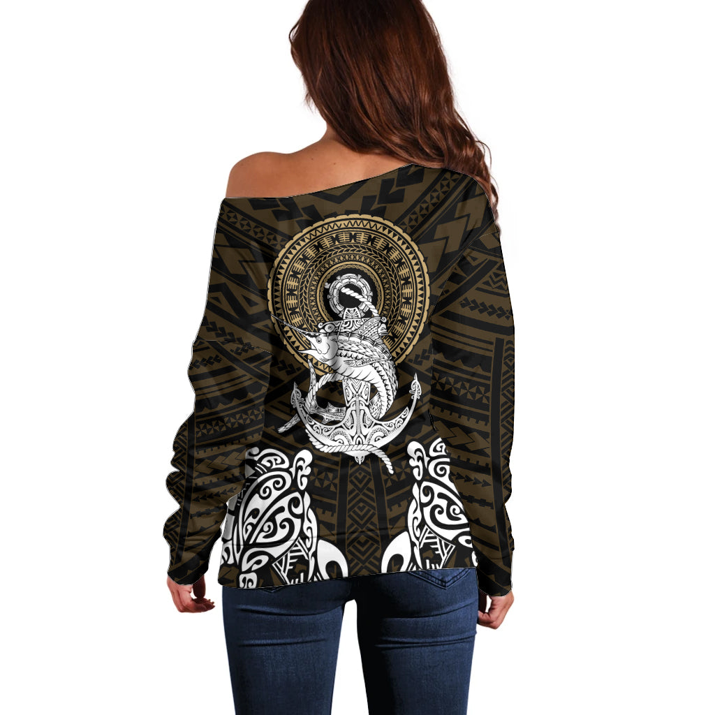 Polynesian Swordfish Off Shoulder Sweater with Anchor Pattern and Tribal Turtle - Wonder Print Shop