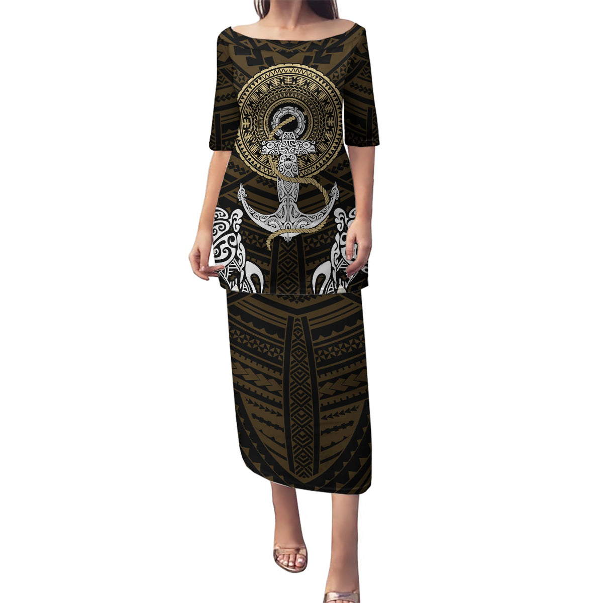 Polynesian Swordfish Puletasi with Anchor Pattern and Tribal Turtle - Wonder Print Shop